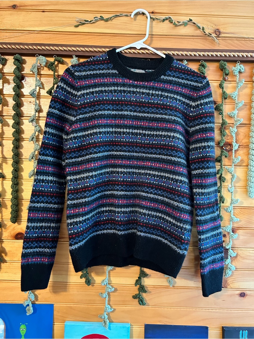 L.L. Bean Fair Isle Crewneck Sweater - Navy, Blue, Pink, Gray